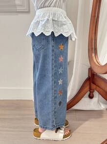 Dazy Kids Young Girl Star Embroidery Jeans For Spring - Blue - View 7