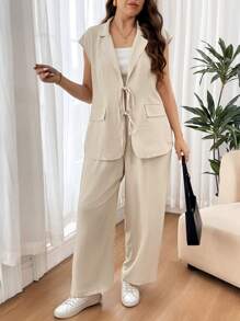 SHEIN Frenchy Bộ áo khoác cardigan hở trước cỡ lớn cho nữ có thiết kế nơ, thời trang thường ngày cho lễ tốt nghiệp, trở lại trường, trang phục giáo viên cho phụ nữ vào mùa thu/đông - Màu be - Xem 3