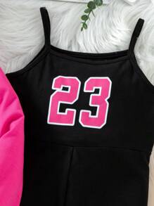 SHEIN Explorewe 2 pièces/set Jeunes filles Tenue décontractée polyvalente tout-aller T-shirt à manches longues arc col rond fuchsia + Combinaison salopette noire avec 23 graphiques, convient pour la rue, l'usage quotidien et l'école - Multicolore - Voir 5