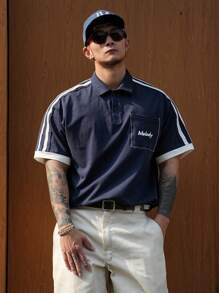 DAZY Camiseta polo de hombre de verano con bloqueo de color y estampado de letras, color marino - Azul Marino - Ver 1