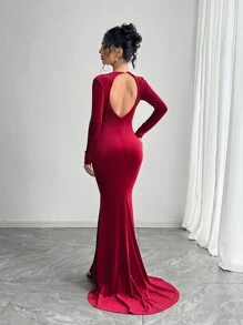 Vestido ajustado de mujer elegante y sexy de unicolor con espalda descubierta - Rojo - Ver 2