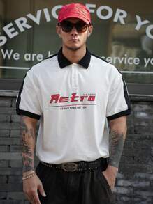 DAZY Men's Letter Print Color Block Polo Shirt, Summer - White - View 7