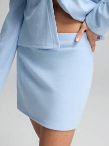 LYSMO 女士纯色落肩长袖前扣上衣和 A 字中裙时尚套装 - 淺藍色 - 查看 6