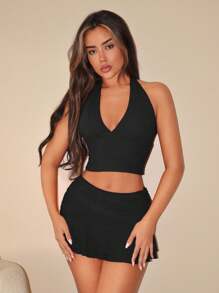 SHEIN ICON 露背短款上衣和褶皱网眼迷你裙套装，分层 - 黑色 - 查看 6