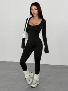 Flirla Dames Lange Mouw Vierkante Hals Split Manchetten Getailleerde Jumpsuit, Sexy En Veelzijdige Atletische Vrijetijds Romper, Herfst