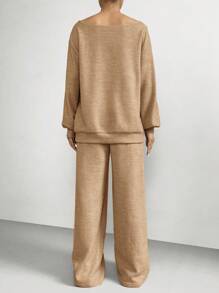 SHEIN EZwear 卡其色針織寬鬆上衣與長褲女款休閒兩件套居家旅行秋季套裝 - 駝色 - 查看 2