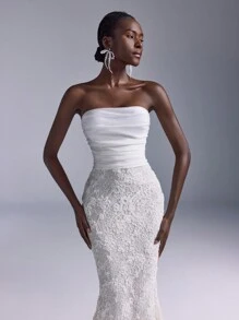 SHEIN Belle 简约白色蕾丝性感紧身美人鱼长裙，婚礼宾客礼服，适合晚会、活动和正式晚宴的女士礼服，礼服