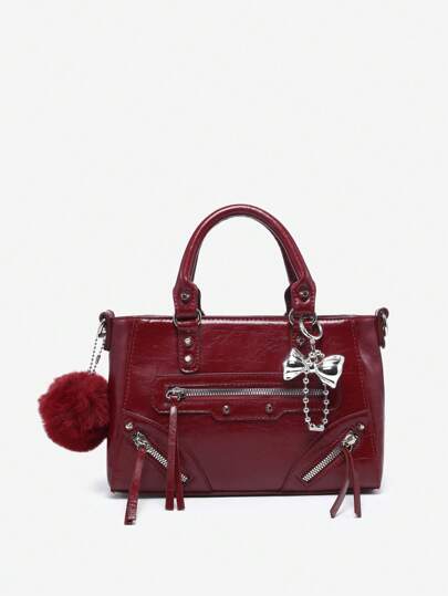 Goth Women's Vintage Rivet Multi-Pocket Zipper Pearl Cross Heart Pendant Faux Fur Ball Decor Square Handbag Shoulder Bag, Suitable For Street Wear And Dates