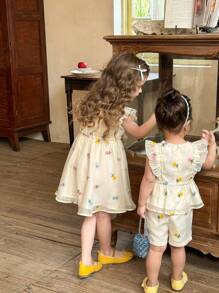 SHEIN LMoss Kids Vestido ajustado con volantes y estampado floral en miniatura para niñas jóvenes de LMoss