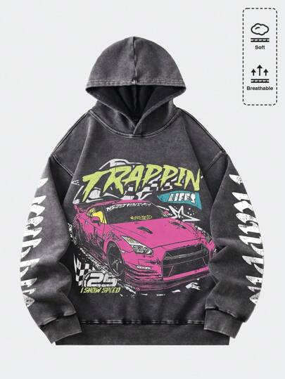 Street Life Men's Water-Washed Distressed Print Sweatshirt, Vintage Patchwork