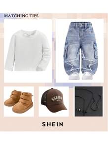 SHEIN Pantalones vaqueros sueltos de color azul claro con parches de estrellas retro y desgastados, de moda y lindos para bebé niño, para uso diario - Azul lavado medio - Ver 2