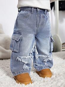 SHEIN Pantalones vaqueros sueltos de color azul claro con parches de estrellas retro y desgastados, de moda y lindos para bebé niño, para uso diario - Azul lavado medio - Ver 7