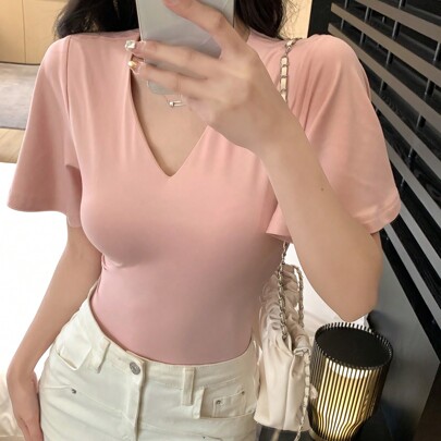 여성용 캐주얼 솔리드 컬러 크루넥 반팔 티셔츠 여름, 프릴