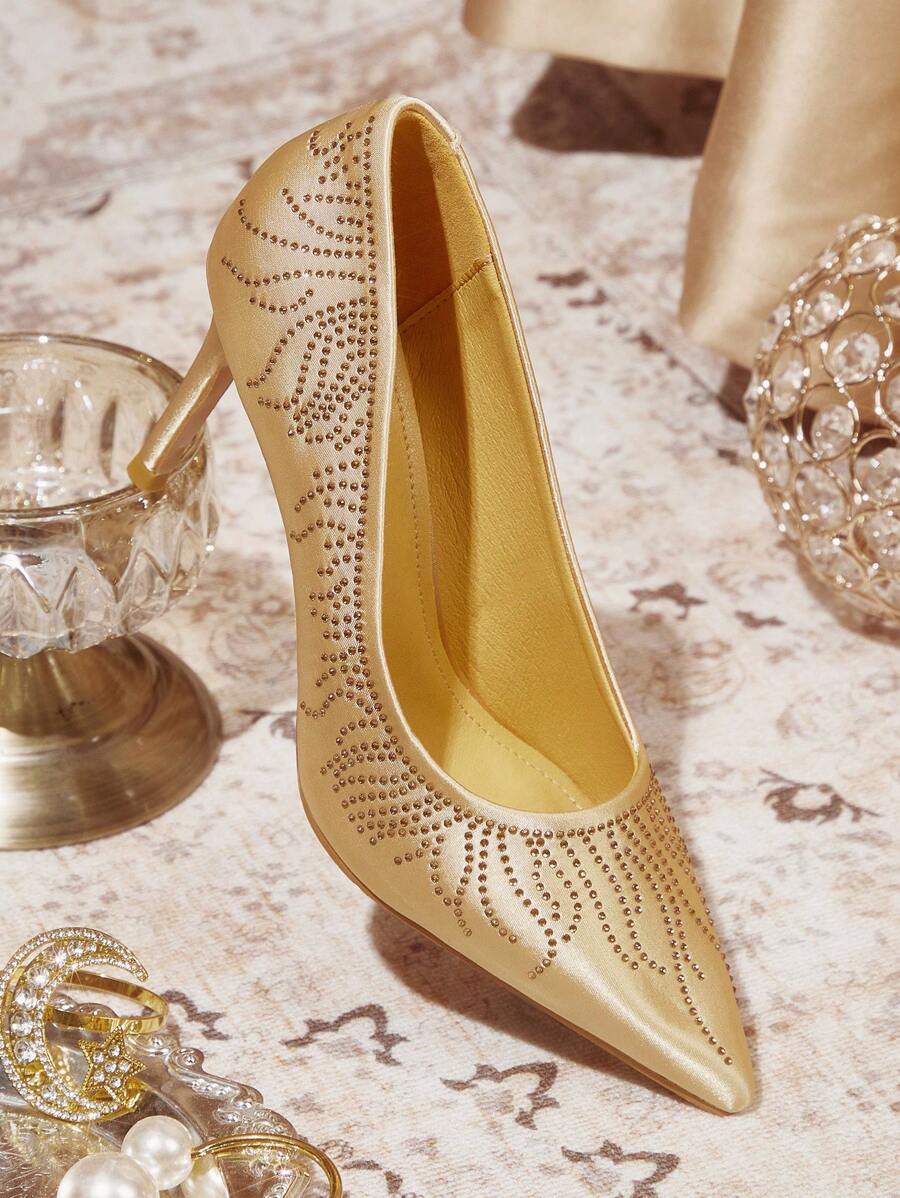 CUCCOO TILAWA 女士金色水钻尖头高跟鞋，性感优雅休闲度假派对情人节约会婚纱鞋