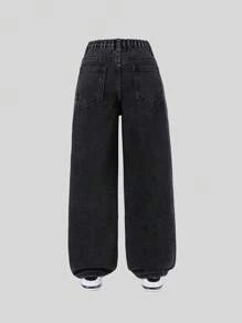 Sparklyn Tween Girl Y2K Street Daily 弹性腰部直筒牛仔裤，配有扁平口袋，女孩日常 OOTD 服装 - 黑色 - 查看 3