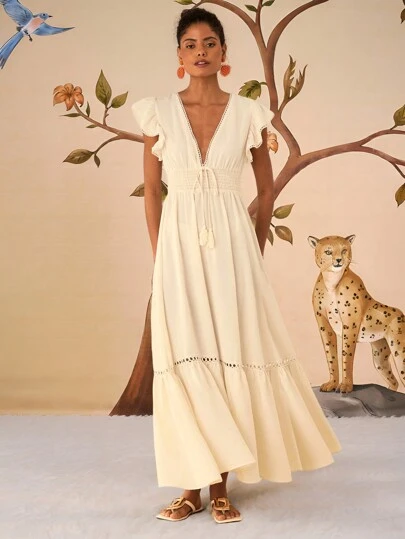 Travachic 女士纯色 V 领无袖前系带荷叶边袖连衣裙、长裙、度假装