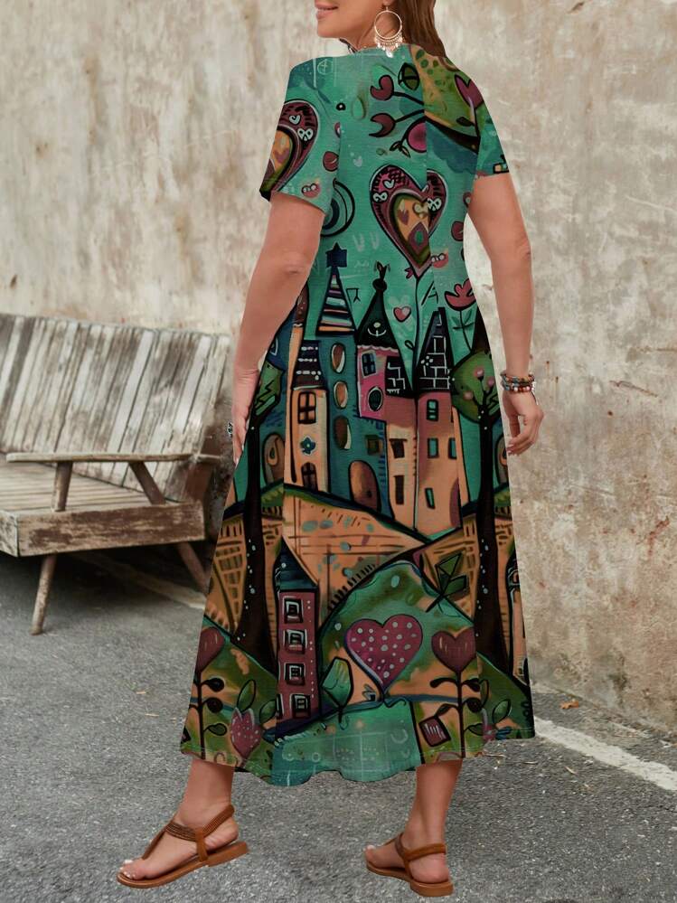 EMERY ROSE Vestido casual de talla grande para mujer con cuello en V y manga corta, adecuado para el verano - Multicolor - Añade 4