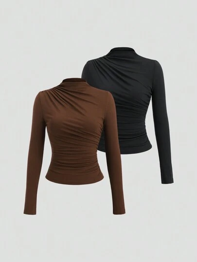 Sweetra Y2K 风格褶皱高领长袖 T 恤，性感时尚，适合日常休闲穿着