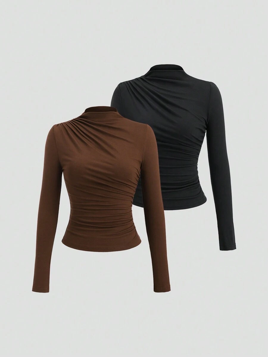 Sweetra Y2K 风格褶皱高领长袖 T 恤，性感时尚，适合日常休闲穿着 - 彩色 - 查看 1