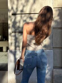 Pariaura Fashionable Sexy Open Shoulder Slim Fit Bandeau Top - Khaki - View 2