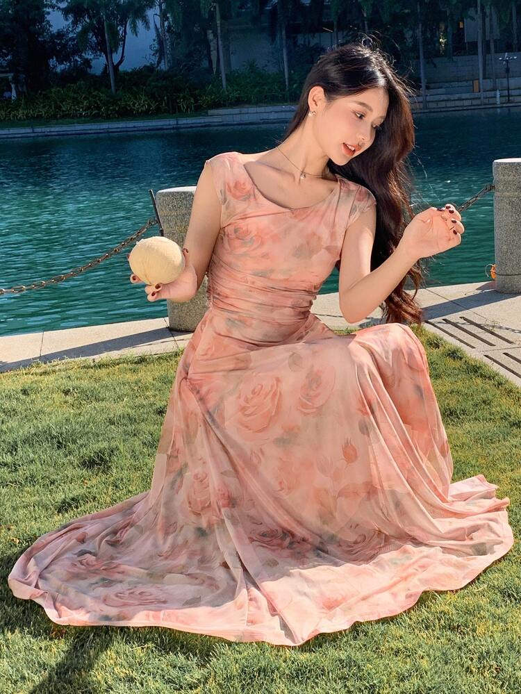 Women Elegant Floral Print Long Dress Summer Sundress Easter Maxi Dress