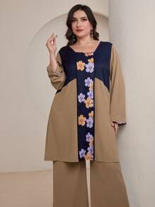 Lacomfia 2pcs/Set Plus Size Contrast Color Floral Print Flare Sleeve Top And Wide Leg Pants Modest - Multicolor - View 4