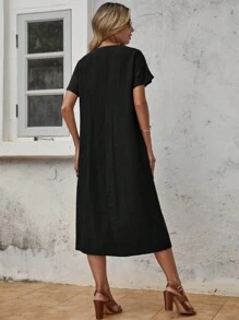 SHEIN LUNE Women V-Neck Solid Color Straight Casual Short Sleeve Dress
