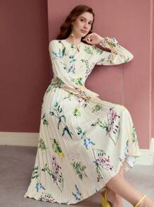 MOTF PREMIUM FLORAL PRINT PLEATED DRESS, LONG SLEEVES, ELEGANT STYLE,SPRING/SUMMER
