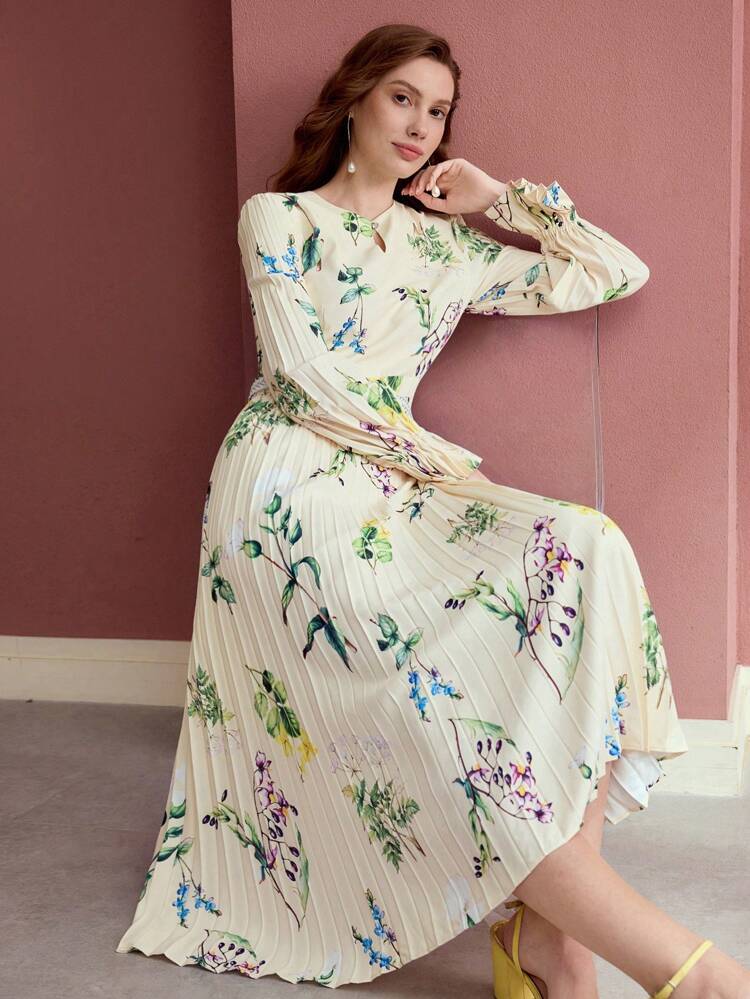 FLORAL PRINT PLEATED DRESS, LONG SLEEVES, ELEGANT STYLE,SPRING/SUMMER