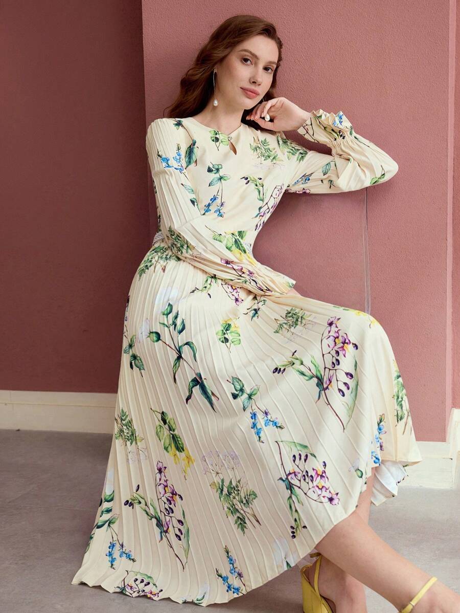 MOTF PREMIUM FLORAL PRINT PLEATED DRESS, LONG SLEEVES, ELEGANT STYLE,SPRING/SUMMER