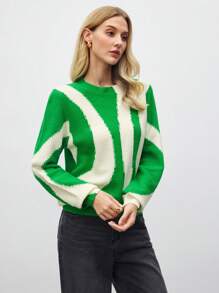 BizChic Green Jacquard Knitted Sweater Top, Office Lady Style, New Year Party, Valentine's Day Date , Spring/Summer - Green - View 2