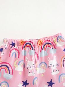 SHEIN 2pcs Baby Girl Cartoon Rabbit Print Round Neck Ruffle Trim Long Sleeve Shirt And Elastic Waist Ankle Banded Pants Pajamas Set - Pink - View 5