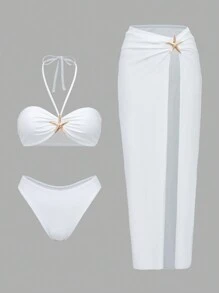 Swim Oasis Conjunto de 3 piezas de ropa de playa para mujer: Top halter de unicolor, Bottom de corte alto, falda con abertura frontal traje de baño para vacaciones de verano en la playa - Blanco - Ver 2