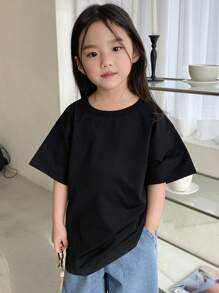 Dazy Kids Young Girl Round Neck Short Sleeve Knitted Tee With Star Pattern, Summer - Black - View 3