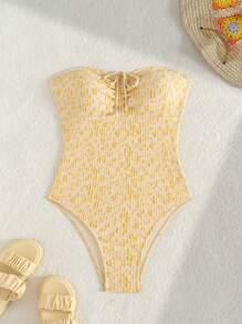 Swim Mod Nuevo traje de baño de una pieza con cordón, textura de tela y lazo, perfecto para vacaciones de verano