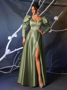Glamrae Robe de soirée longue élégante en satin à manches ballons, col V en maille, corsage baleines, taille haute évasée. Robe d'invitée de mariage avec fente haute sur le côté, robe de soirée - Vert - Voir 7