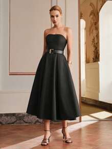 Anewsta Elaire 女式高腰金属腰带优雅中长连衣裙，复古时尚，朴素服饰 - 黑色 - 查看 1