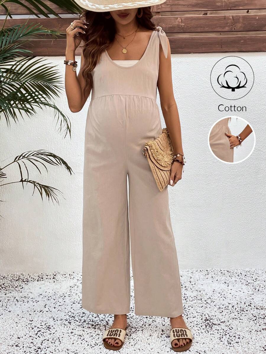 SHEIN Maternity Solid Color Casual Jumpsuit, Stylish And Practical For Daily Wear - Khaki - View 1