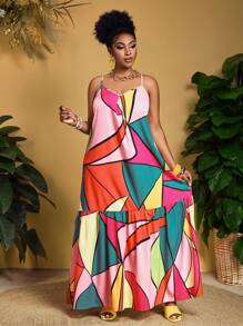 Slaydiva Plus Size Women Sleeveless Loose Dress With Bright Geometric Abstract Print,Beach Dress Sundress,Holiday Outfits Boho - Multicolor - View 2