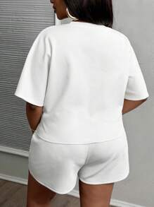 Slaydiva 2024 New Style Easter Western Versatile All-Match Casual Sports Letter Graphic Print Drawstring Elastic Waist Pullover Sweatshirt Crop Top & Shorts Two-Piece Outfit For Women, Plus Size,Holiday Outfits - White - View 2