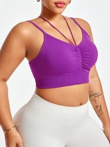 Easithlete Brassière de sport sans couture élastique et ajustée aux bretelles fines pour femmes en grande taille, de couleur unie - Rose vif - Voir 3
