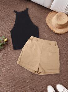 CosyJoli Abiti da donna taglie forti per la nuova moda estiva, vacanze in spiaggia, vacanze tropicali, carnevale, rave, festival, casual business, casual da spiaggia, estivi da donna per vacanze, casual da pendolare, top nero a canotta e pantaloncini, completo due pezzi - Multicolore - Visualizzare 4