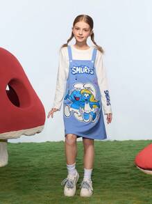 SHEIN X The Smurfs 2pcs/Set Tween Girl Cartoon Graphic White Casual Long Sleeve T-Shirt & Blue Cute Suspender Dress - Blue - View 7