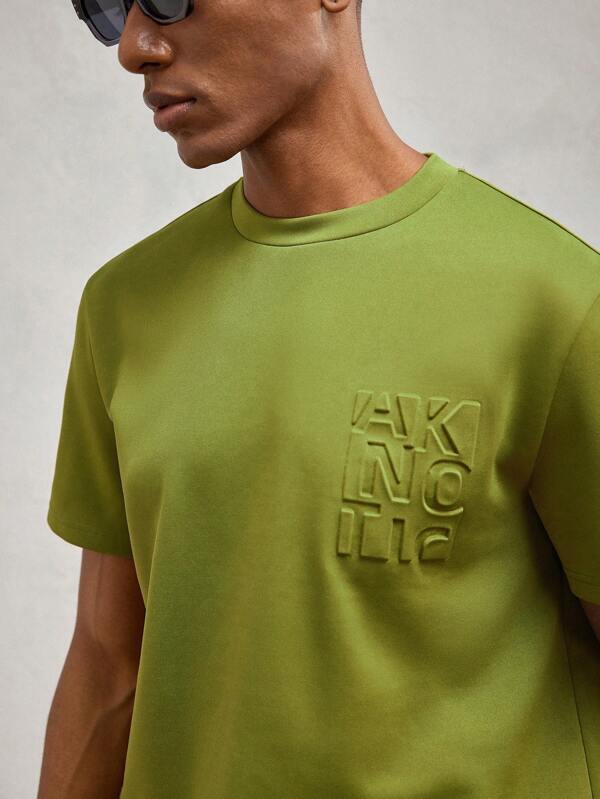 AKNOTIC Party Set de 2 camisetas de punto con cuello redondo ajustadas y con relieve de letras en verde oliva para hombres, adecuado para primavera/verano, vacaciones y uso diario