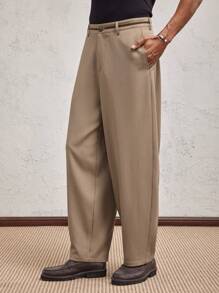 AKNOTIC Business Casual 卡其色拼色织带修身长款休闲O型裤男士，适合日常穿着，春夏季，也适合作为毕业礼物 - 卡其色 - 查看 3