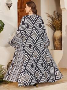 Al Najma 2pcs Plus Size Women Geometric Print Robe And Halter Sleeveless Dress Set, Vacation - Black - View 2