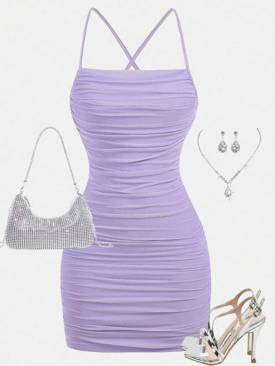 SHEIN Girlism Váy ngắn bó sát lưới màu tím hoa cà dành cho bé gái tuổi teen, trang phục dự tiệc co giãn đàn hồi cho mùa xuân và mùa hè cho ngày lễ tình nhân - Màu tím hoa cà - Xem 1