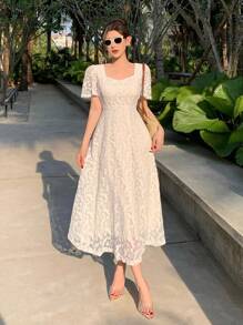 DAZY 蕾丝荷叶袖中长连衣裙，女士度假装扮 - 白色 - 查看 8