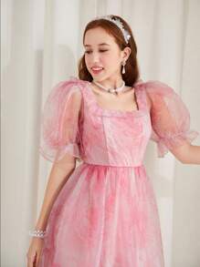SHEIN Teen Girl Pink Square Neckline Rose Floral Print Puff Sleeve Organza Princess Dress - Pink - View 4