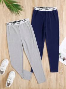 SHEIN Leap Crew 2pcs Tween Boys' Letter Graphic Elastic Waist Thermal Lined Underwear Bottoms, Autumn/Winter - Navy Blue - View 4